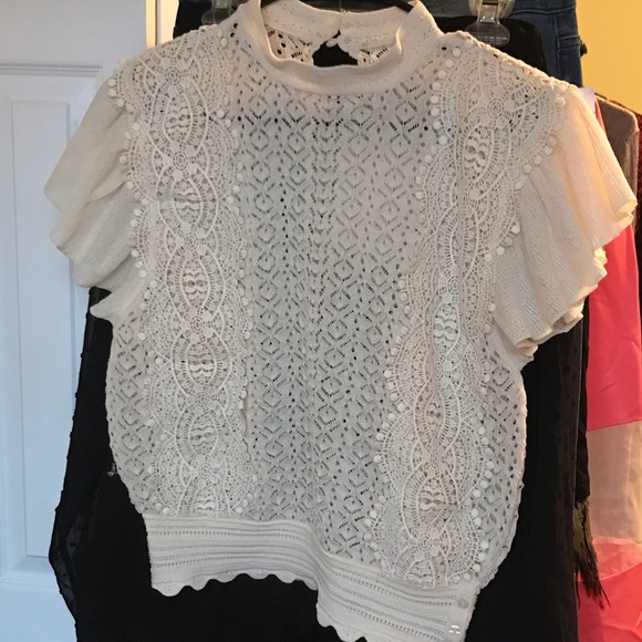 Ruffles Arm Lace Knit Sheer Top - Picture 3 of 4